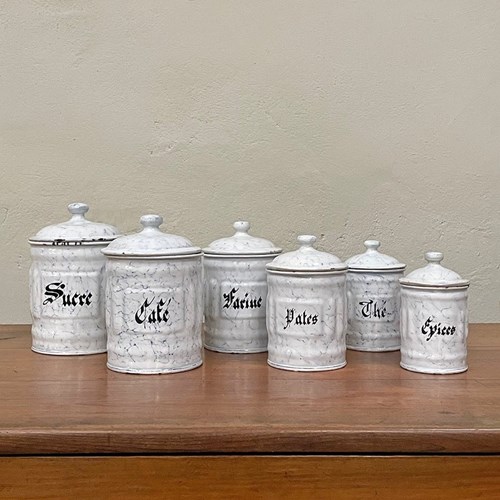 Set Of 6 White And Blue Cafe Pots