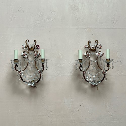 Pair Of Italian Lights With Porcelain Flowers