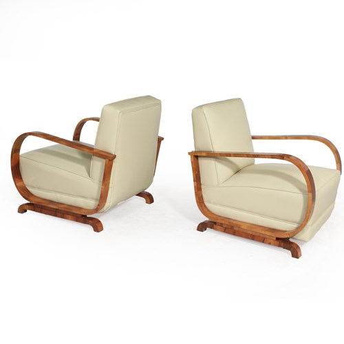 Pair Of Art Deco Leather And Walnut Armchairs