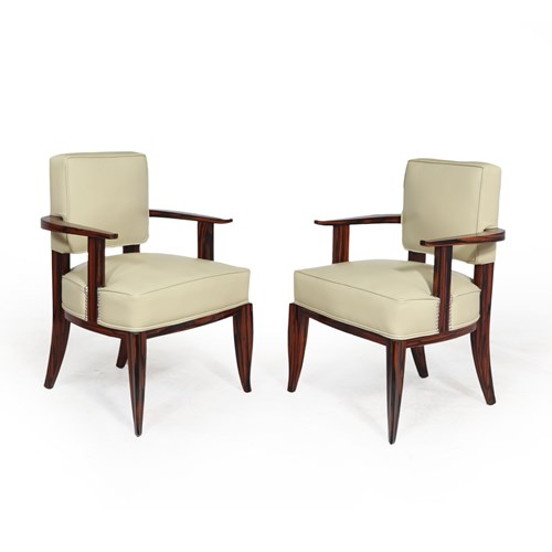 Pair Of French Art Deco Leather And Macassar Ebony Chairs