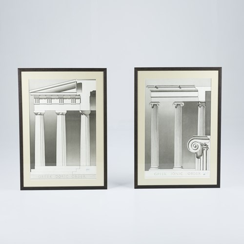 Pair Of Large Architects Watercolours Of Ionic And Doric Columns