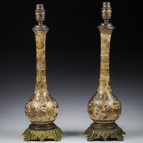 Pair Of Meiji Period Satsuma Bottle Vase As Lamps
