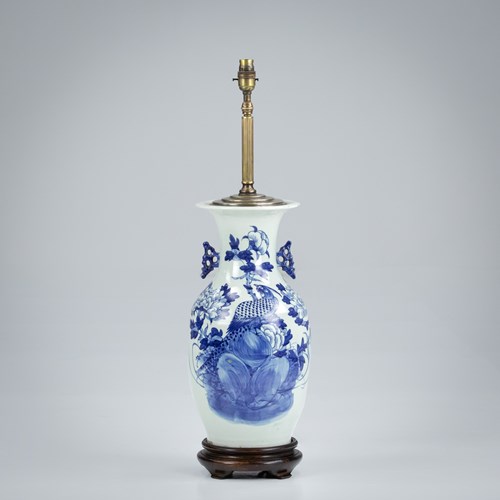 Large Early 20Th Century Blue And White Vase Lamp