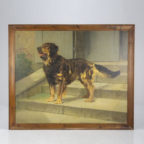 Huge Oil On Canvas English Sheperd Dog Portait By Blanche Polonceau 1909