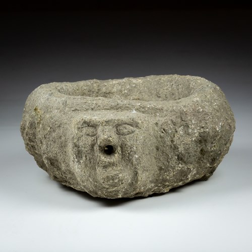 Late Medieval Granite Benitier Or Stoup With Primitive Head As The Water Spout