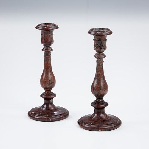 Pair Of Rare 19Th Century Partridge Eye Or Griotte Rouge Marble Candlesticks