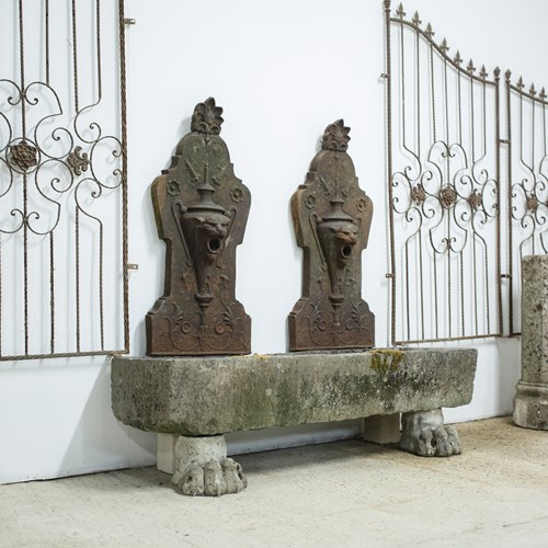 Pair 19Th Century Cast Iron Wall Fountains And Stone Trough On Carved Stone Lio
