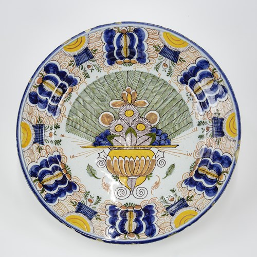 Large Polychrome Dutch Delftware Peacock Pattern Charger, De Vergulde Blompot