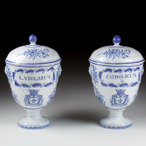 Pair Of Large Delft Covered Armorial Albarello Or Drug Jars