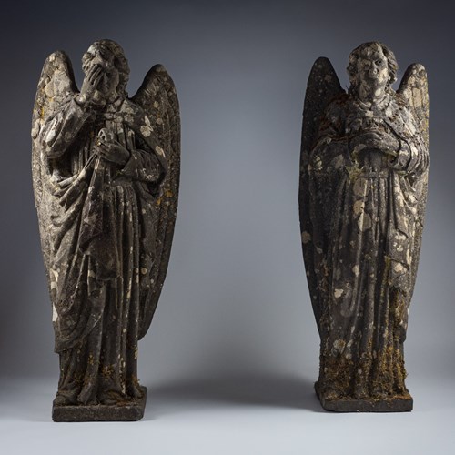 Pair Of 18Th Century Carved Limestone Angels