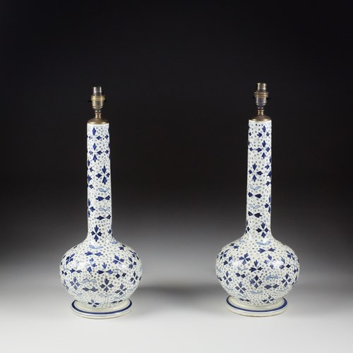 Pair Of Large Blue And White Desvres Vase As Lamps