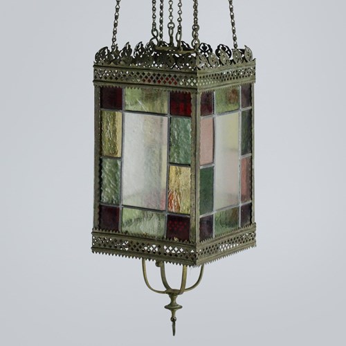 19Th Century Stained Glass Hall Lantern