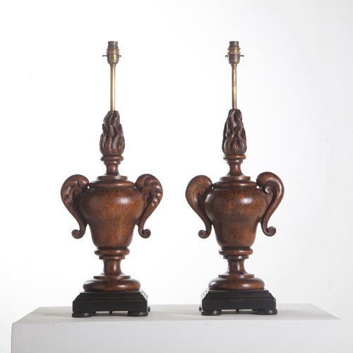 Pair Of Large 19Th Century Carved Wood Flaming Finial Lamps