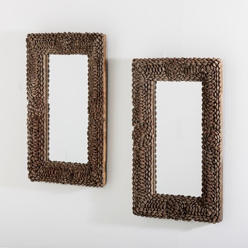 Pair Of Tramp Art Pine Cone Mirrors With Exceptional Sparkling Mercury Plate
