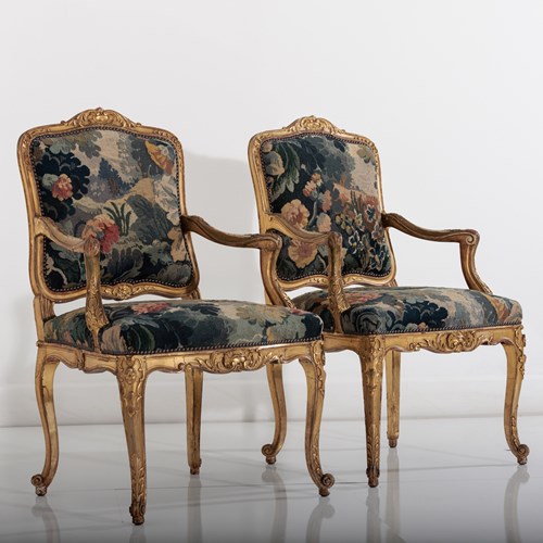 Pair Of Late 19Th Century English Bertram & Sons Giltwood Salon Armchairs