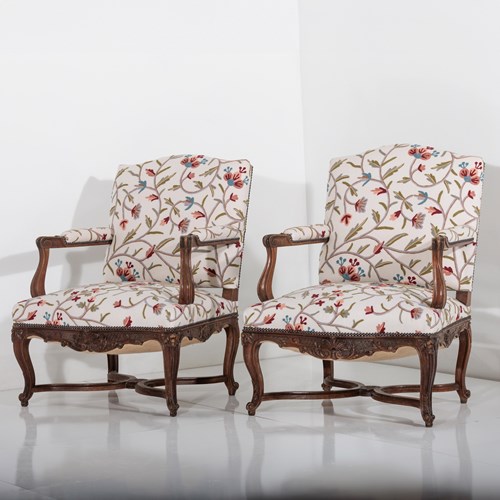 Pair Of 19Th Century Open Armchairs In Vintage Crewel Fabric