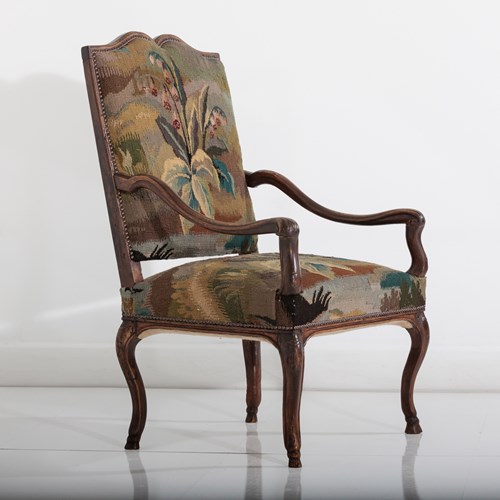 18Th Century Walnut French Open Armchair In Tapestry