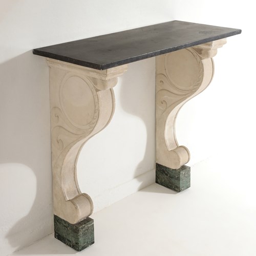 Carved Limestone And Black Marble Console