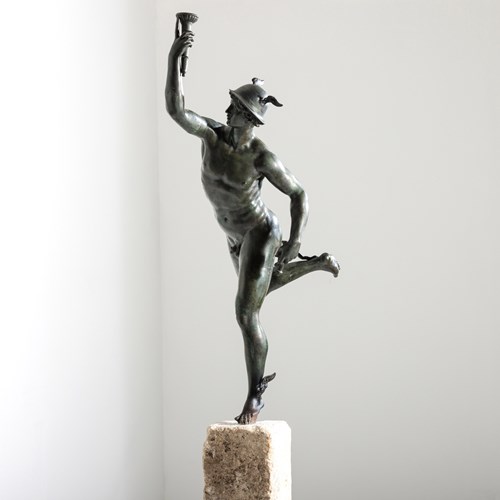After Giambologna - Large Grand Tour Bronze Of Mercury On Carved Stone Column