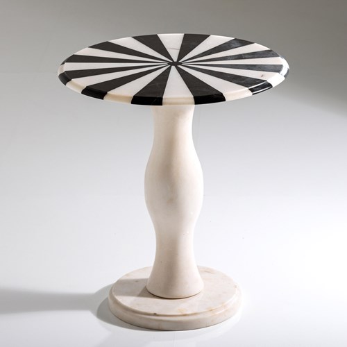 Striking Stone Pedestal Table With Inlaid Marble Radial Top