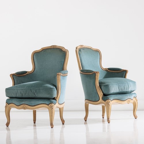 Pair Of Small Early 20Th Century Salon Armchairs In Blue Upholstery