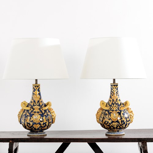 Pair Of Early 20Th Century Maiolica Vase As Lamps By Henri Delcourt