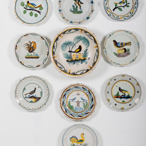 Collection Of 18Th Century Polychrome Nevers Bird Plates