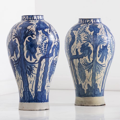 Pair Of Large Portuguese Coimbra-Style Faïence Vases
