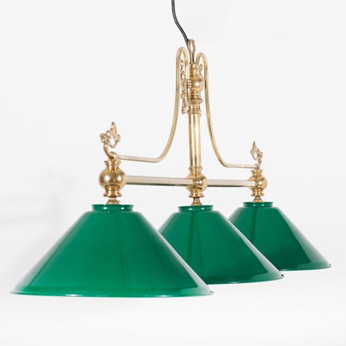 Early 20Th Century Brass Hanging Ceiling Light With Three Enamel Shades