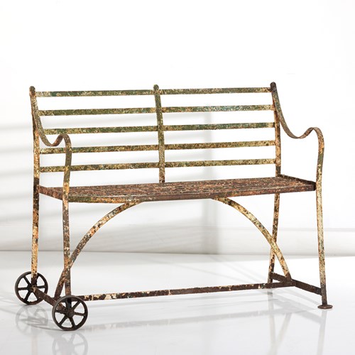 Late 19Th Century Wrought Iron Lawn Bench On Wheels