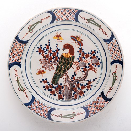 Large 18Th Century Delft Charger Of A Parrot