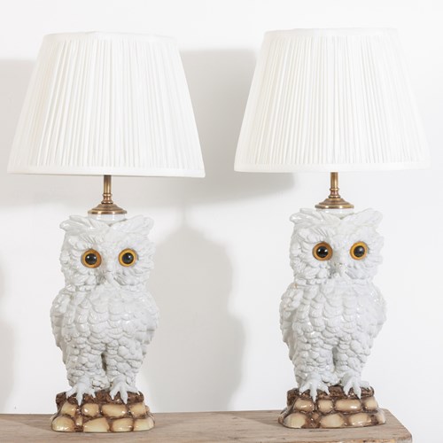 Pair Of Antique Porcelain Owl Lamps