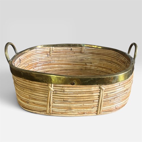 Italian Rattan Pencil Reed Bamboo And Brass Basket In The Style Of Gabriella Cre