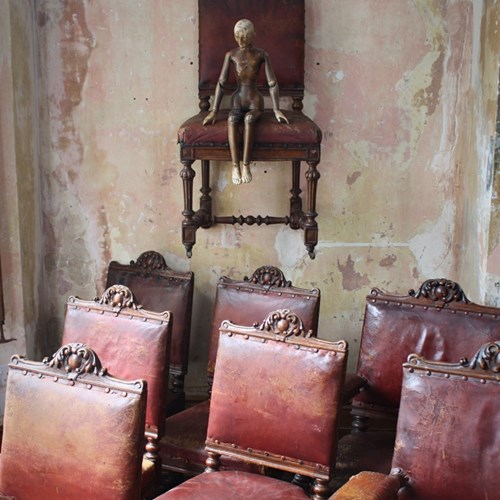 Eight Late Victorian Oak & Red Leather Dining Chairs