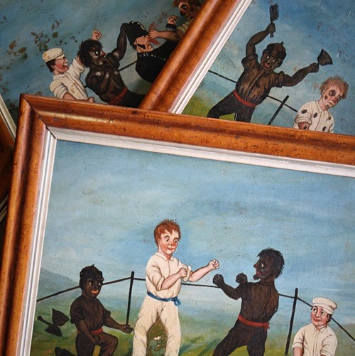 Six, 19Th C Naive Oil On Board Fighting Scenes 