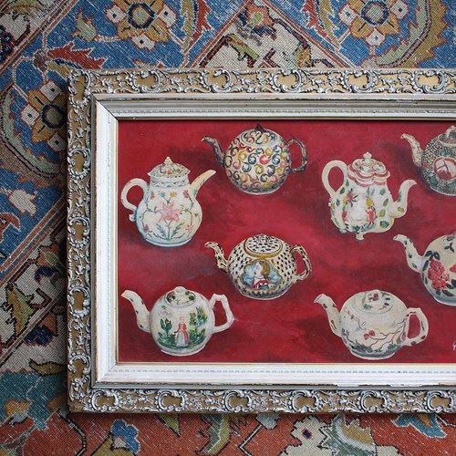 1972 Oil On Board, 18Th Century Teapots