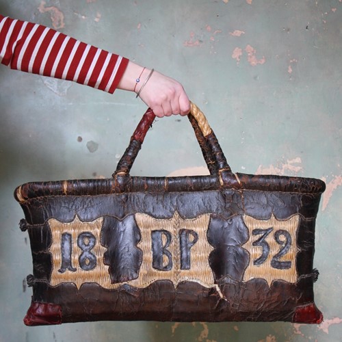 Folk Art Leather And Woven Rush Butchers Bag 1832