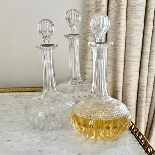 A Trio Of Excellent Etched Cut Crystal Wine Decanters
