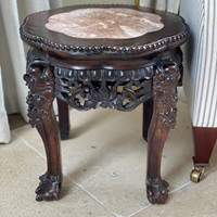 Chinese carved wood & pink marble side table