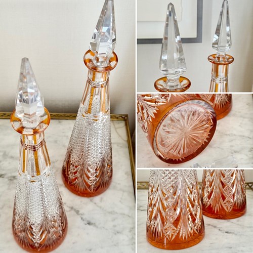 Superb Pair Cut To Clear Crystal Pyramid Decanters