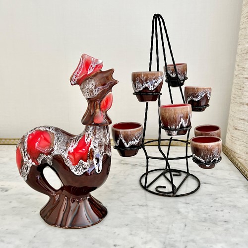 French Vallauris Ceramic Cockerel Decanter & Cup Set
