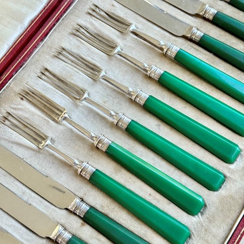 Art Deco Silver Dessert Knives Forks With Emerald Green Handles