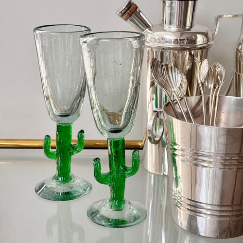 Pair Brutalist Handblown Glass Cactus Flutes C1980