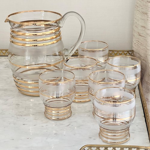 Gold Plated Ringed Lemonade Jug & Tumblers Set C1950