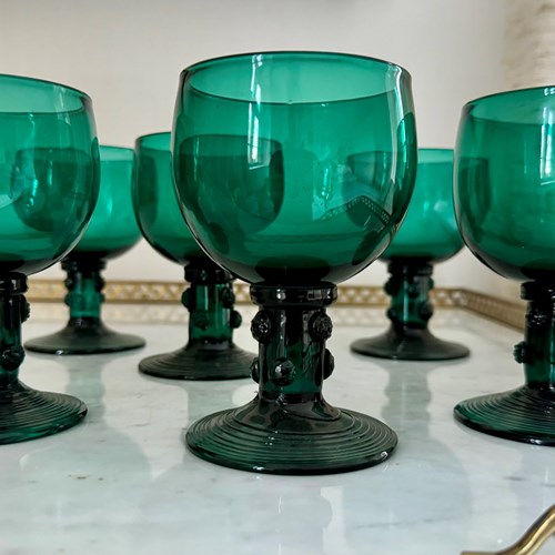 Large Georgian Bristol Green Roemer Wine Goblet Glasses