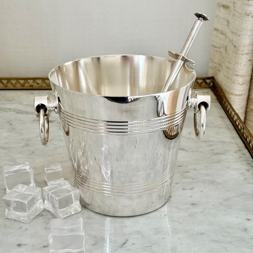 Art Deco Style Silver Plated Ice Bucket & Matching Ice Tong Grabbers