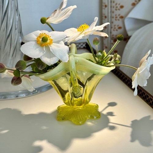 Pretty Primrose Yellow Glass Basket Vase Circa 1891