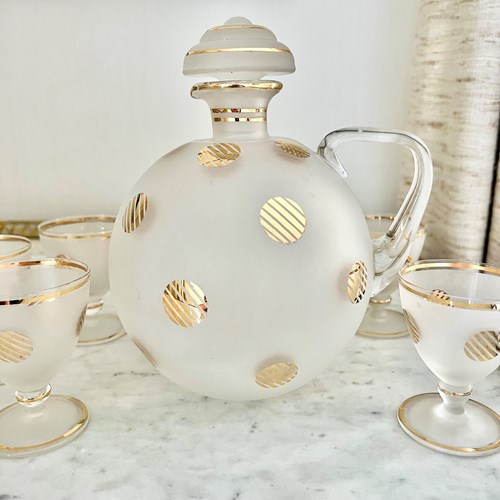 C1950 Round Bohemian Cocktail Decanter & Glasses Set