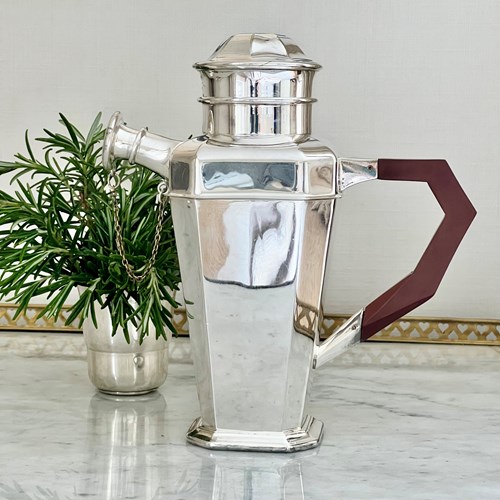 English Art Deco Silver Plated & Wood Handle Cocktail Shaker C1920
