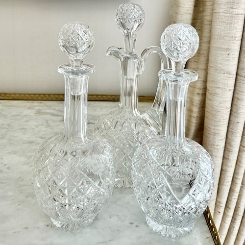 Trio Of Crown Etched Crystal Decanters By Thomas Webb